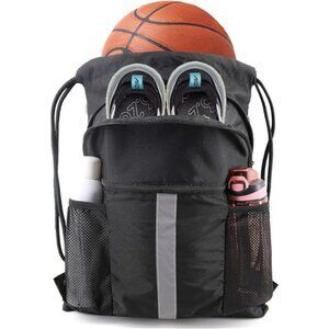 Drawstring Backpack Bag with Shoe Compartment,X-Large Black Gym Sports StringBag